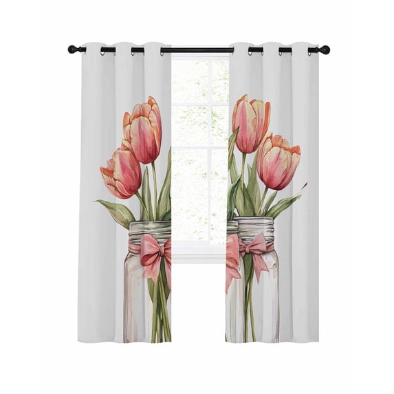 Rustic Tulip Blackout Curtains 63 Inch Length Retro Watercolor Red Floral Green Leaf Plant Thermal Insulated Window Curtain Window Drapes 2 Panels for Bedroom Living Room 42"Wx63"L