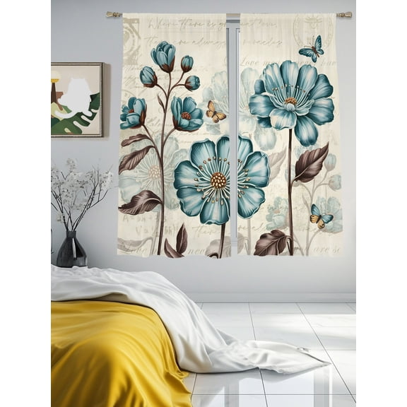 Rustic Tulip Boho Floral Butterfly Sheer Curtains 2 Panels Set Watercolor Leaves Retro Back Lihgt Filtering Rod Pocket Voile Drape,Semi Sheer Window Curtains for Bedroom Living Room,52"x63"