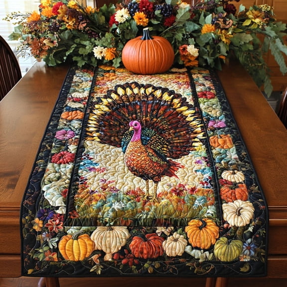 Rustic Turkey Path Quilted Table Runner for Kitchen Table, Cozy Seasonal Home Dining Decor