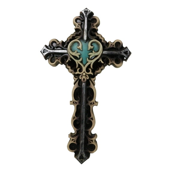 Rustic Turquoise Heart With Floral Scrollwork And Heart Spike Nails Wall Cross