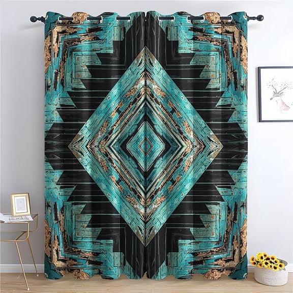 Rustic Turquoise Tribal Curtains, Distressed Southwestern Lodge Patterned Blackout Curtains for Bedroom, Living Room, Room Darkening Thermal Insulated Grommet Drapes 42"W x 108"L (Pack of 2)