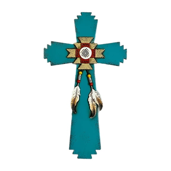 Rustic Turquoise Wall Cross Resin Wood Grain Religious Western Decor