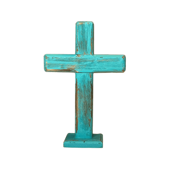 Rustic Turquoise Wooden Standing Cross Tabletop Decor for Home Display