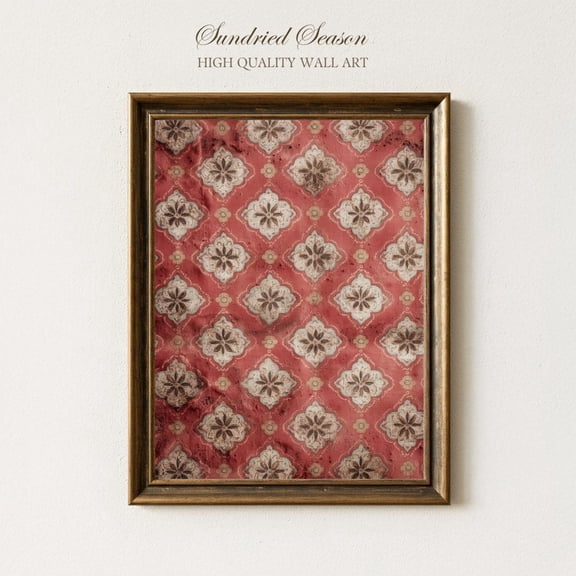 Rustic Tuscan Tile Wall Art Warm Red Beige Pattern Mediterranean