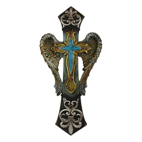 Rustic Tuscany Fleur De Lis Silver Scroll Angel Wings Turquoise Stone Wall Cross