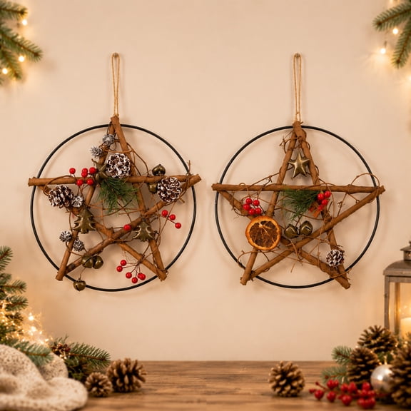 Rustic Twig Pentagram Wreath, Natural Wood Star Front Door Hanging Ornament with Pinecone Berry Bell, Farmhouse Christmas Winter Wall Decor Wreath, Natural Twig Star Wreath