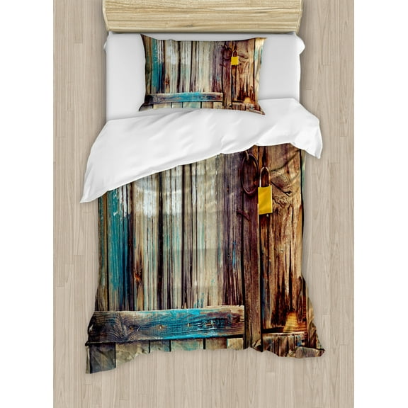 Rustic Twin Size Duvet Cover Set, Aged Shed Door Backdrop with Color Details Country Living Exterior Pastoral Mansion Image, Decorative 2 Piece Bedding Set with 1 Pillow Sham, Brown, by Ambesonne