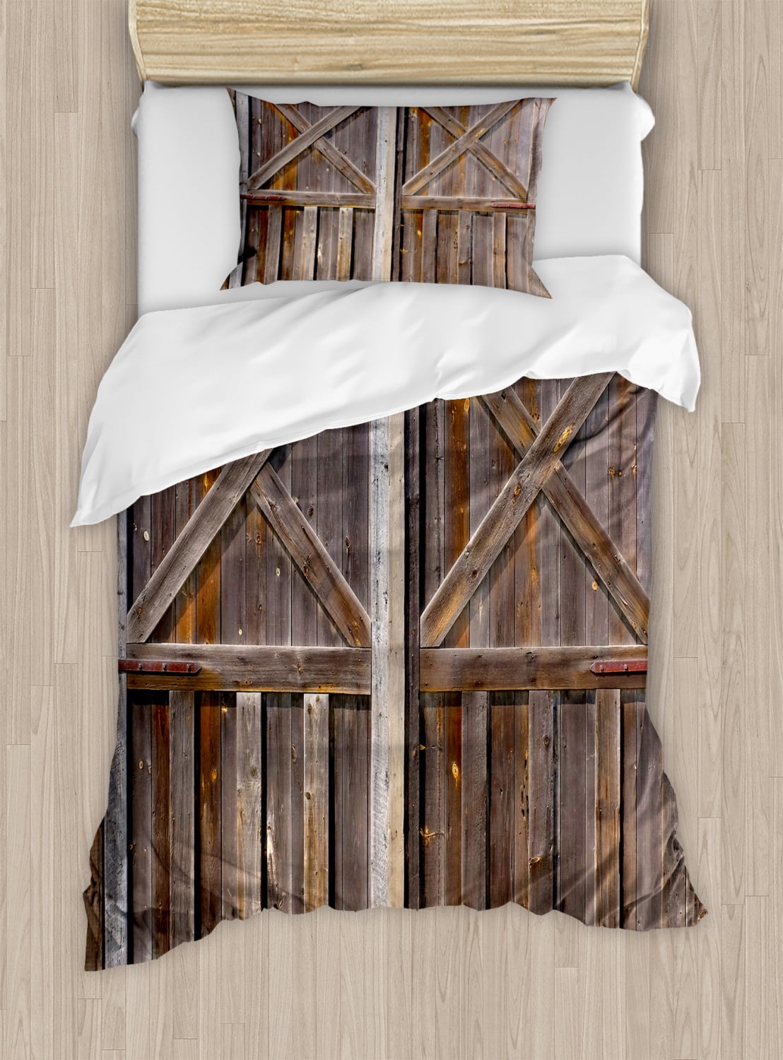 Twin Rustic Brown Wooden Barn Door Duvet Cover Set