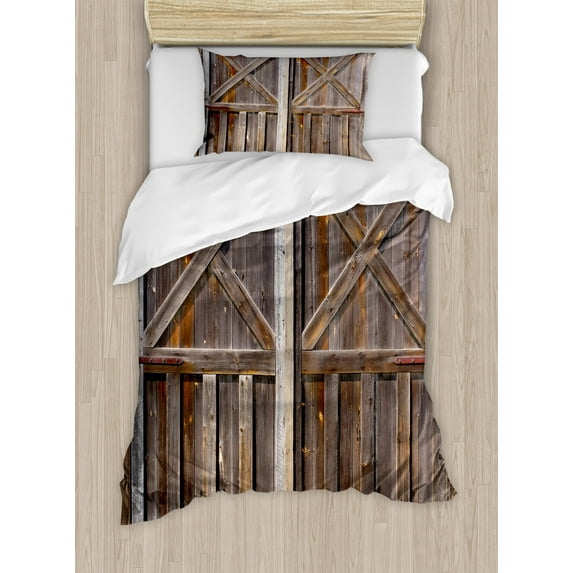 Rustic Twin Size Duvet Cover Set, Old Wooden Barn Door of Farmhouse Oak Countryside Village Board Rural Life Photo Print, Decorative 2 Piece Bedding Set with 1 Pillow Sham, Brown, by Ambesonne