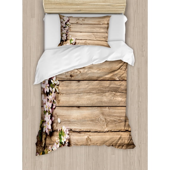 Rustic Twin Size Duvet Cover Set, Sweet Spring Flowering Tree Branch on Weathered Wooden Blooming Orchard Image, Decorative 2 Piece Bedding Set with 1 Pillow Sham, Pink Brown Green, by Ambesonne