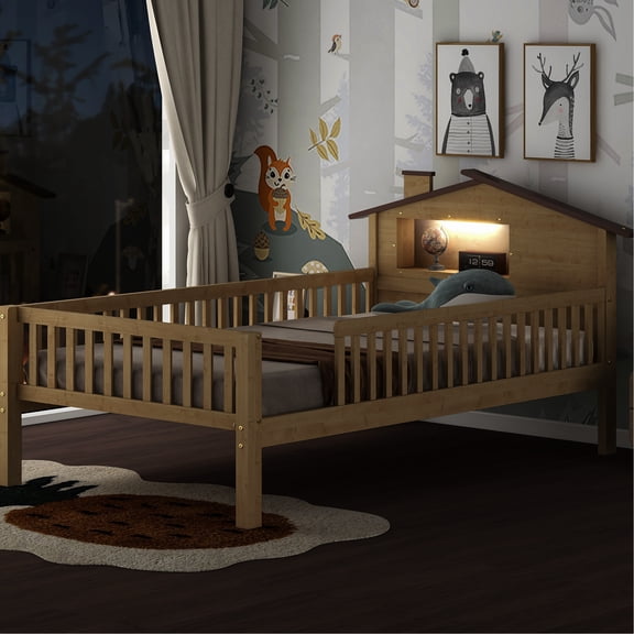 Rustic Twin Wood Platform Bed With House Headboard, Led And Storage - Bedroom El Size Headboard & Built-in Storage, Delight