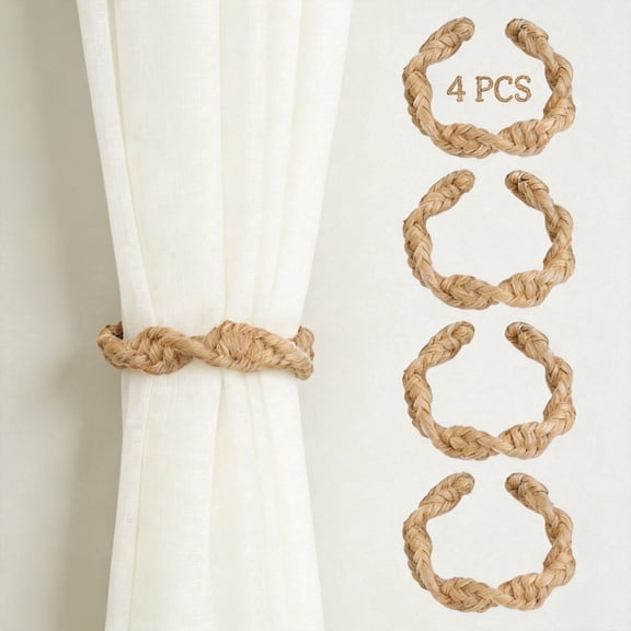 Rustic Twisted Rope Curtain Tiebacks 4-Pack Farmhouse Handmade Drapery Holdbacks for Windows Natural Khaki