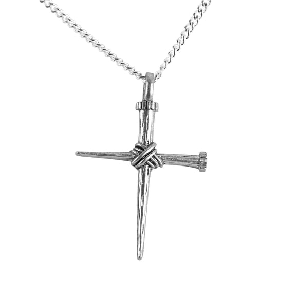 Dicksons 32-5491 Double Nail Christian Cross, Silver Tone, 21 Inch, Stainless Chain Cut, Pewter Charm, Men's Everyday Necklace