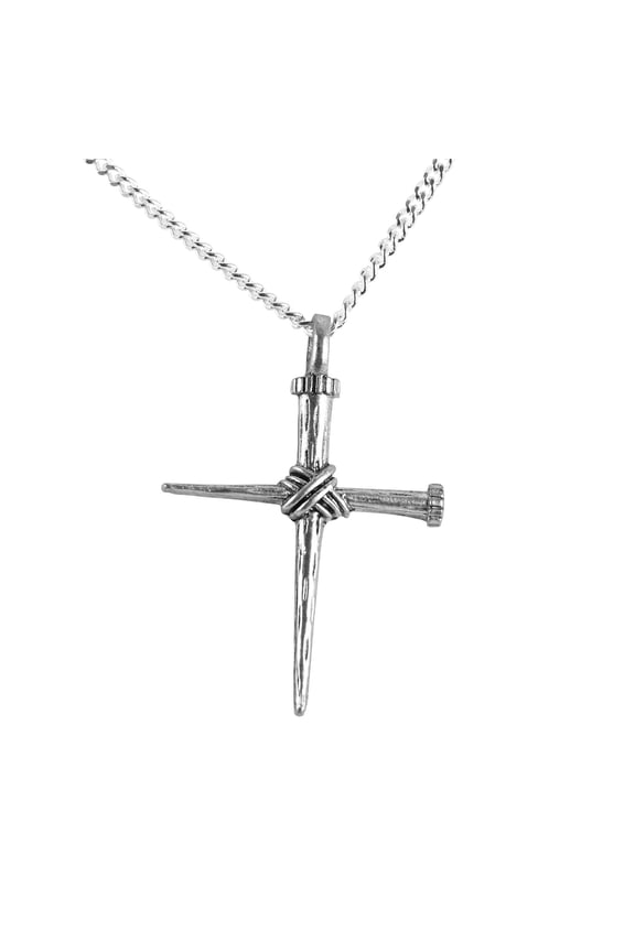 32-5491 Double Nail Christian Cross, Silver Tone, 21 Inch, Stainless Chain Cut, Pewter Charm, Men's Everyday Necklace