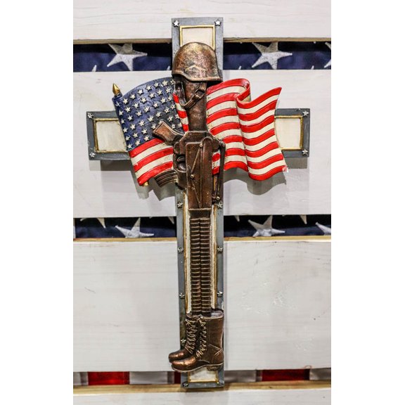 Rustic USA Flag American Fallen Soldier Helmet Rifle Boots Memorial Wall Cross