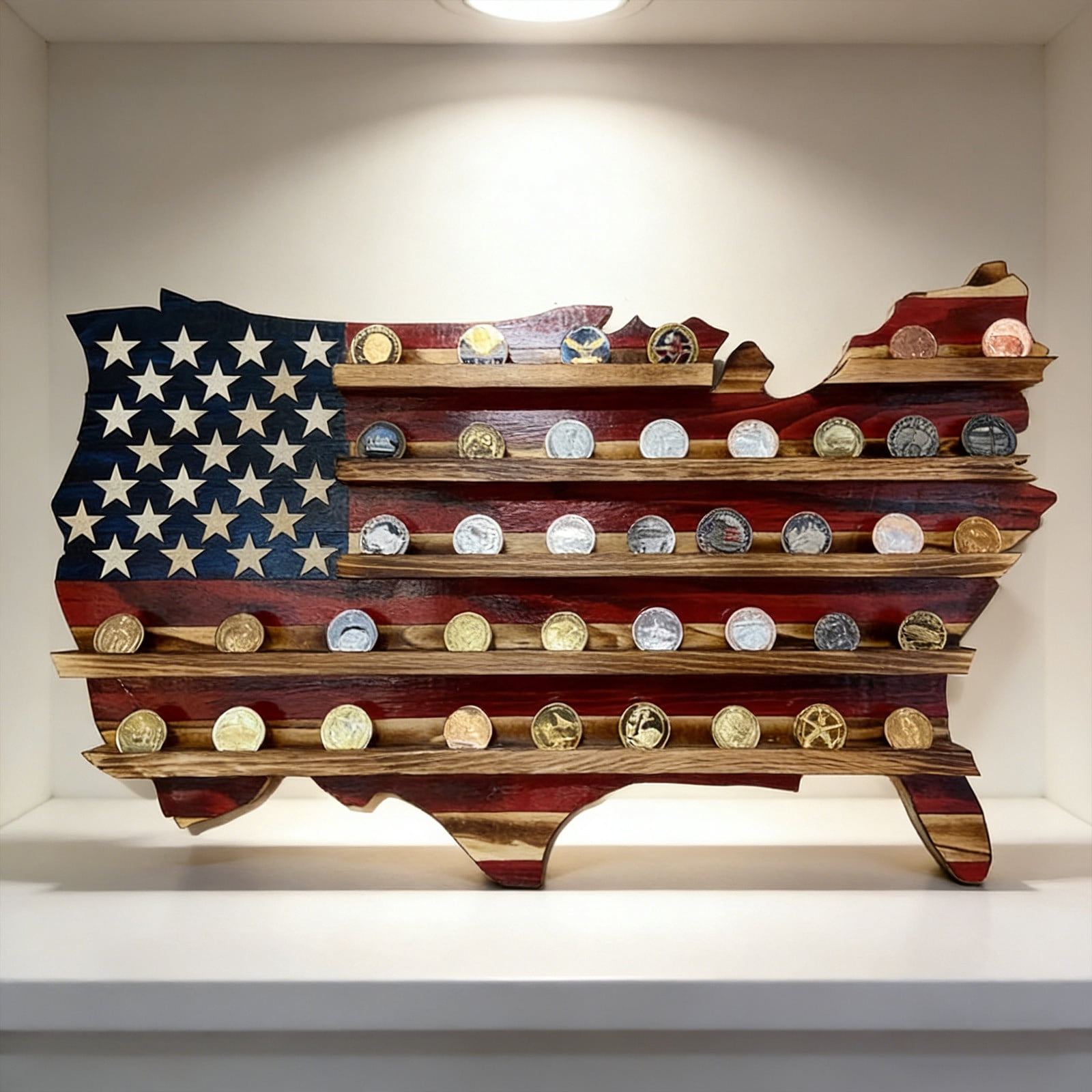 Rustic USA Map Flag Collectible Coins Display Rack, Wooden Patriotic ...