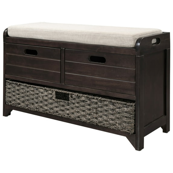 Rustic Upholstered Storage Bench with Removable Rattan Basket and 2 Drawers, Entryway Shoe Bench with Removable Cushion, End of Bed Bench for Entryway Laundry Room Bedroom, Espresso
