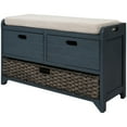 thumbnail image 1 of Rustic Upholstered Storage Bench with Removable Rattan Basket and 2 Drawers, Entryway Shoe Bench with Removable Cushion, End of Bed Bench for Entryway Laundry Room Bedroom, Navy, 1 of 9