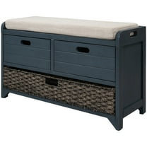 Rustic Upholstered Storage Bench with Removable Rattan Basket and 2 Drawers, Entryway Shoe Bench with Removable Cushion, End of Bed Bench for Entryway Laundry Room Bedroom, Navy