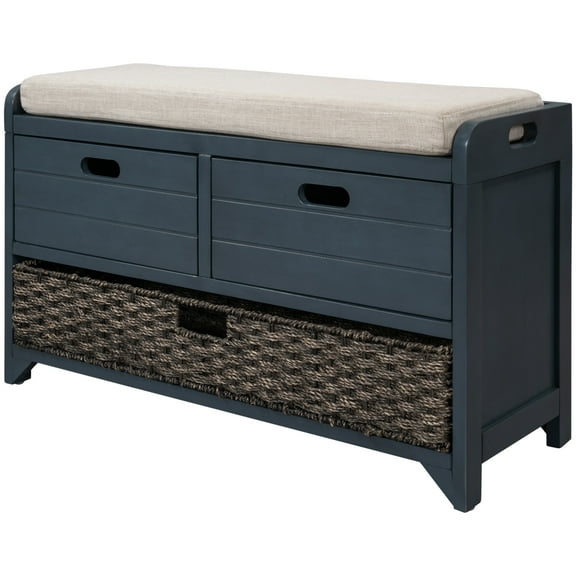 Rustic Upholstered Storage Bench with Removable Rattan Basket and 2 Drawers, Entryway Shoe Bench with Removable Cushion, End of Bed Bench for Entryway Laundry Room Bedroom, Navy