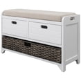 thumbnail image 1 of Rustic Upholstered Storage Bench with Removable Rattan Basket and 2 Drawers, Entryway Shoe Bench with Removable Cushion, End of Bed Bench for Entryway Laundry Room Bedroom, White, 1 of 9