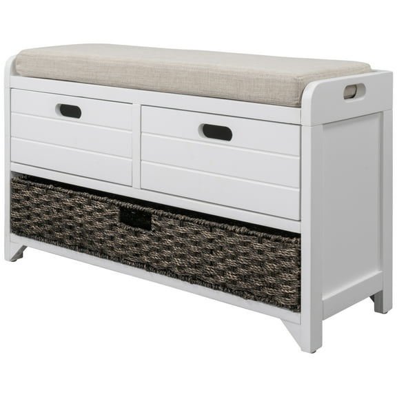 Rustic Upholstered Storage Bench with Removable Rattan Basket and 2 Drawers, Entryway Shoe Bench with Removable Cushion, End of Bed Bench for Entryway Laundry Room Bedroom, White