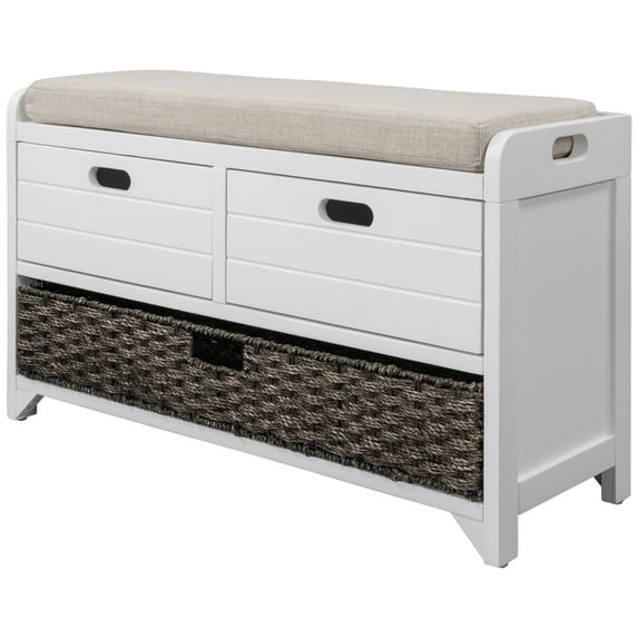 Rustic Upholstered Storage Bench with Removable Rattan Basket and 2 Drawers, Entryway Shoe Bench with Removable Cushion, End of Bed Bench for Entryway Laundry Room Bedroom, White