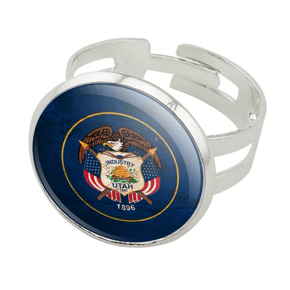 Rustic Utah State Flag Distressed USA Silver Plated Adjustable Novelty Ring