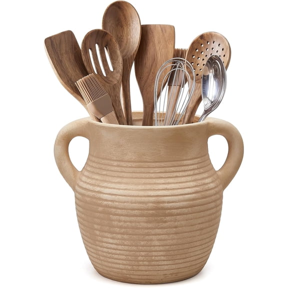Rustic Utensil Holder for Kitchen Counter - Large Ceramic Farmhouse Cooking Utensil Crock & Organizer for Spatula, Spoon - Vintage Kitchen Decor