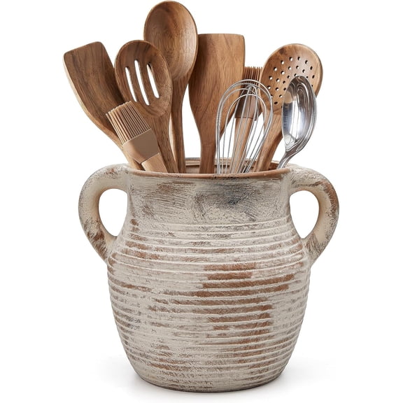 Rustic Utensil Holder for Kitchen Counter - Large Ceramic Farmhouse Cooking Utensil Crock & Organizer for Spatula, Spoon - Vintage Kitchen Decor