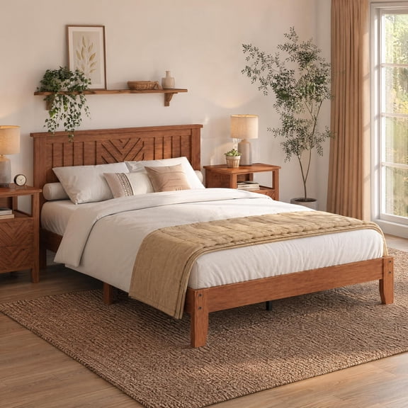 Rustic V-design Headboard Wooden Platform Bed Frame Full Size – Sturdy Wood Slats – Noise-Free – Spacious Underbed Storage – Easy Assembly – No Box Spring Needed – Light Brown