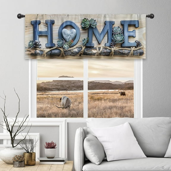 Rustic Valance Kitchen Curtains 52Wx18H Inch Rod Pocket Farmhouse Plant Stone Wooden Board Succulent Botanical Vintage Country Art Printed Living Room Bedroom Window Drapes Treatment 1 Panels