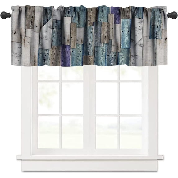 Rustic Valances Curtains Blue Grey Grunge Wood Planks Barn House Door Nails Country Life Theme, Windows Short Curtain Valance for Kitchen Bedroom Bathroom Decor with Rod Pocket, 1 Panel 54X18 Inches