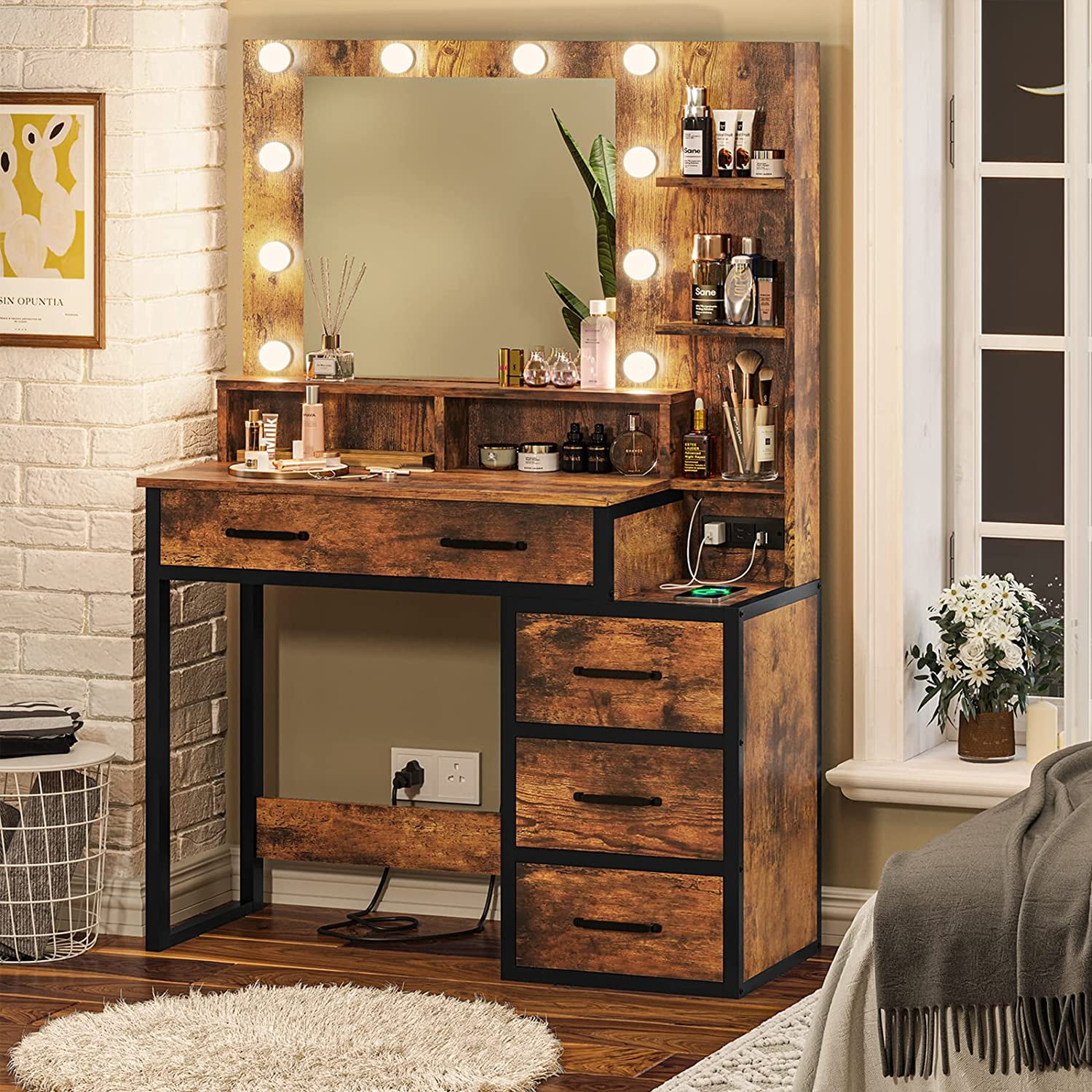 Rustic Vanity Desk Makeup Dresser Desk Table with Lighted Mirror & Charging  Station & 5 Drawers, 10 LED Light, Brown & Black 