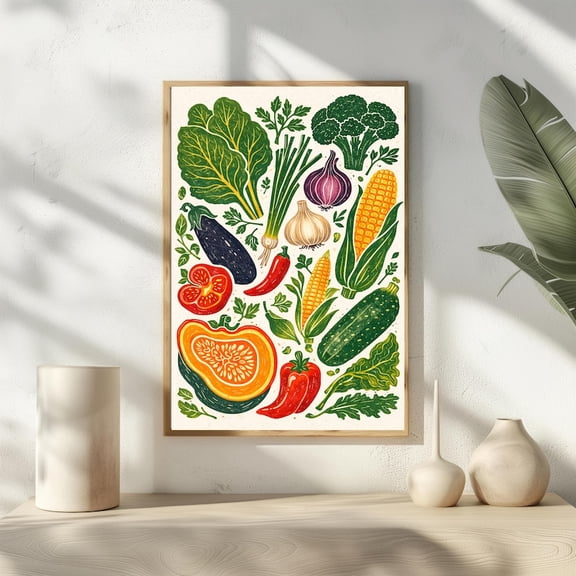 Rustic Vegetable Block Print Garden Harvest Wall Art - 8x12 - UNFRAMED
