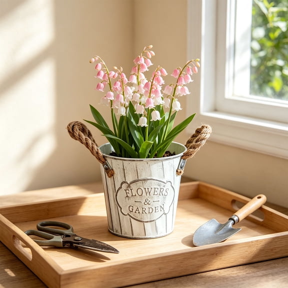 Rustic Vertical Ribbed Decor Bucket, Stylish Rope Handle Flower Container, Farmhouse Ornament, Practical Herb Accent for Indoor Outdoor Home Ornamentation (Beige, 5*5*3.5in)