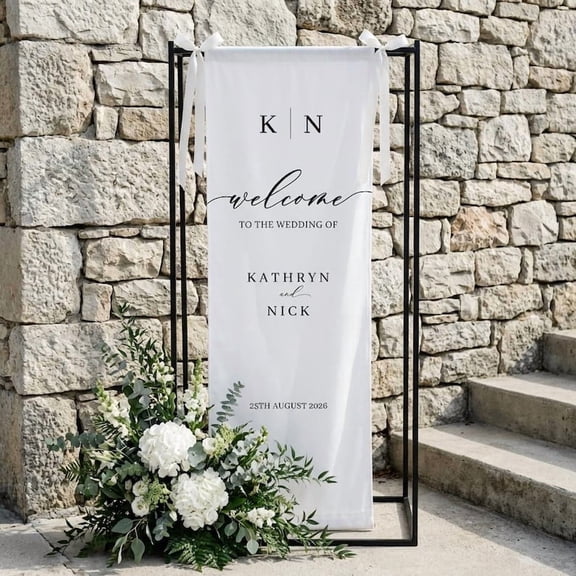 Rustic Vertical Satin Fabric Welcome Sign, Personalized Wedding Ceremony Banner, Outdoor Covered Decor