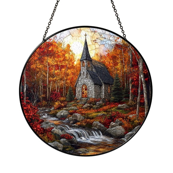 Rustic Village Scene Stained Glass Style Window Hanging, Autumn Architecture Art Panel, Decorative Glass Style Window Decor for Nature Inspired Home Accent
