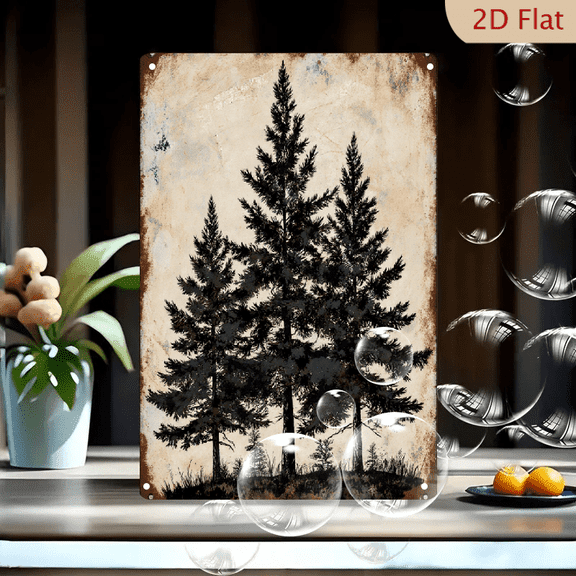 Rustic Vintage 8x12 Inches Metal Wall Art Featuring Silhouette Evergreen Trees on Hill, Retro Weathered Paper Aesthetic for Cabin Decor and Nostalgic Home Accents
