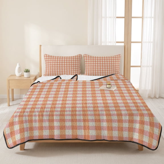 Rustic Vintage Buffalo Plaid 3 Pieces Quilt Set,1 Quilt with 2 Shams,Farmhouse Retro Orange Check Bedspread Soft Lightweight Bedding Coverlet Comforter Set for All Season 96"x106"