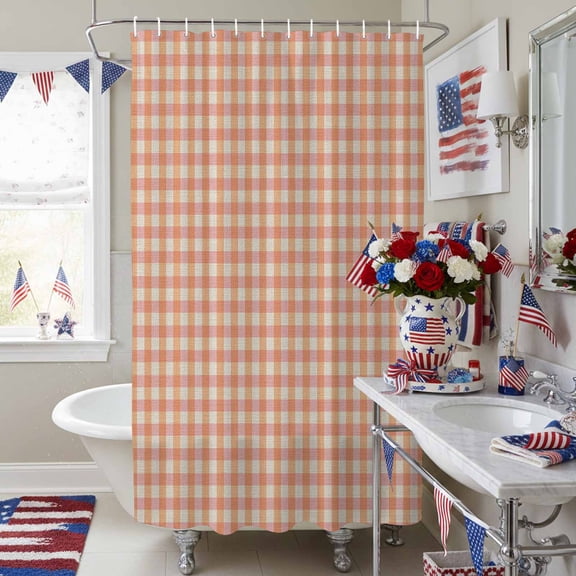 Rustic Vintage Buffalo Plaid Shower Curtain for Bathroom, Farmhouse Retro Orange Check Waterproof Shower Curtains Washable Quick Dry with Hooks Bathtub Curtains 72x72IN
