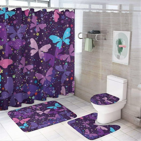 Rustic Vintage Butterflies 4 Piece Shower Curtain Sets,Abstract Watercolor Bohemian Colorful Butterflies Non-Slip Rugs,Toilet Lid Cover and Bath Mat,Durable and Waterproof,for Bathroom Decor Set