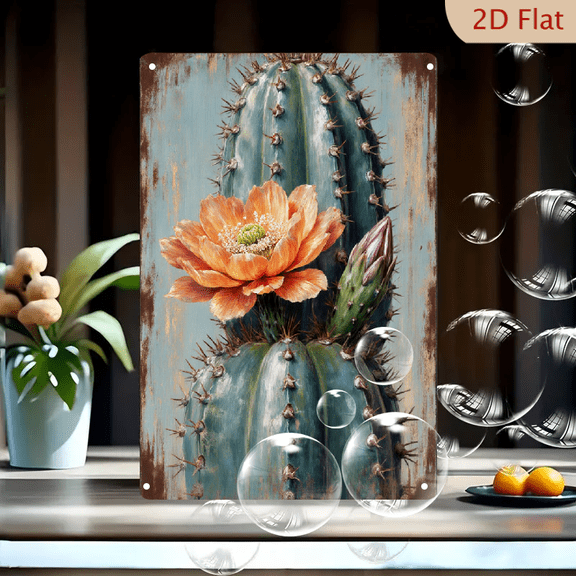 Rustic Vintage Cactus with Orange Bloom, 8x12 Inches Metal Wall Art, Weathered Teal and Brown Distressed Background, Blue-Green Columnar Plant with Spines and Purple Bud, Farmhouse Decor