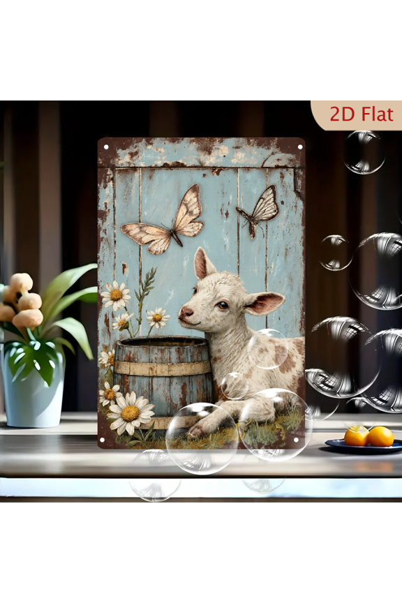 Rustic Vintage Calf with Barrel and Daisies 8x12 inch Metal Wall Art, Pastoral Farmhouse Decor, Nostalgic Barn Siding Background, Soft Painterly Aesthetic for Living Room or Kitchen