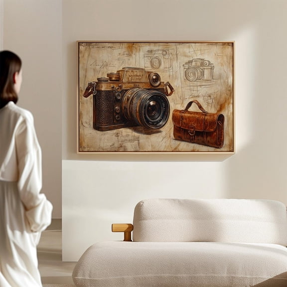 Rustic Vintage Camera And Leather Bag Art - Antique Lens Sketch Print - Retro Photography Decor For Nostalgic Wall Display Wall Art, Modern Wall Decor, 8x12 UNFRAMED