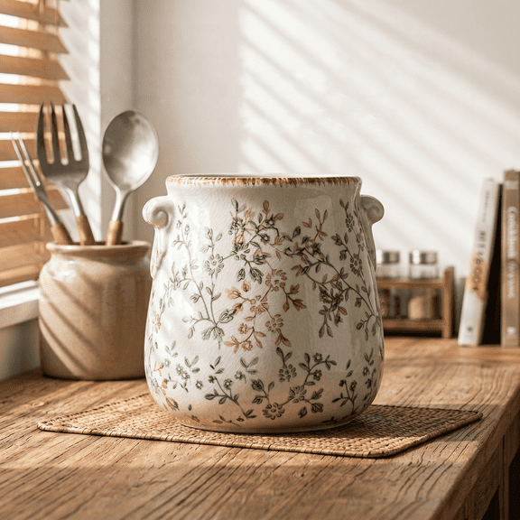 Rustic Vintage Ceramic Kitchen Utensil Holder, 6.7 Inch Height Farmhouse Countertop Utensil Crock Storage Pot for Spatulas Spoons Tongs Kitchen Decor
