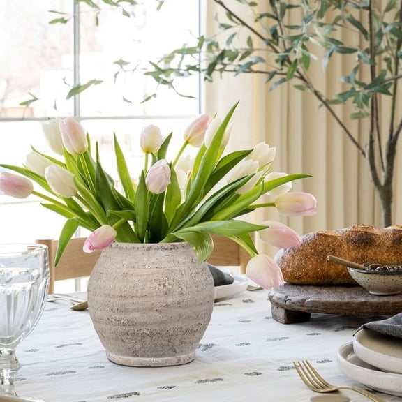 Rustic Vintage Ceramic Pottery Vase, 6.1'' Farmhouse Table Decor with Distressed Texture, Wide Mouth Decorative Jar Vases for Home Decor, Shelf & Entryway, Cream White