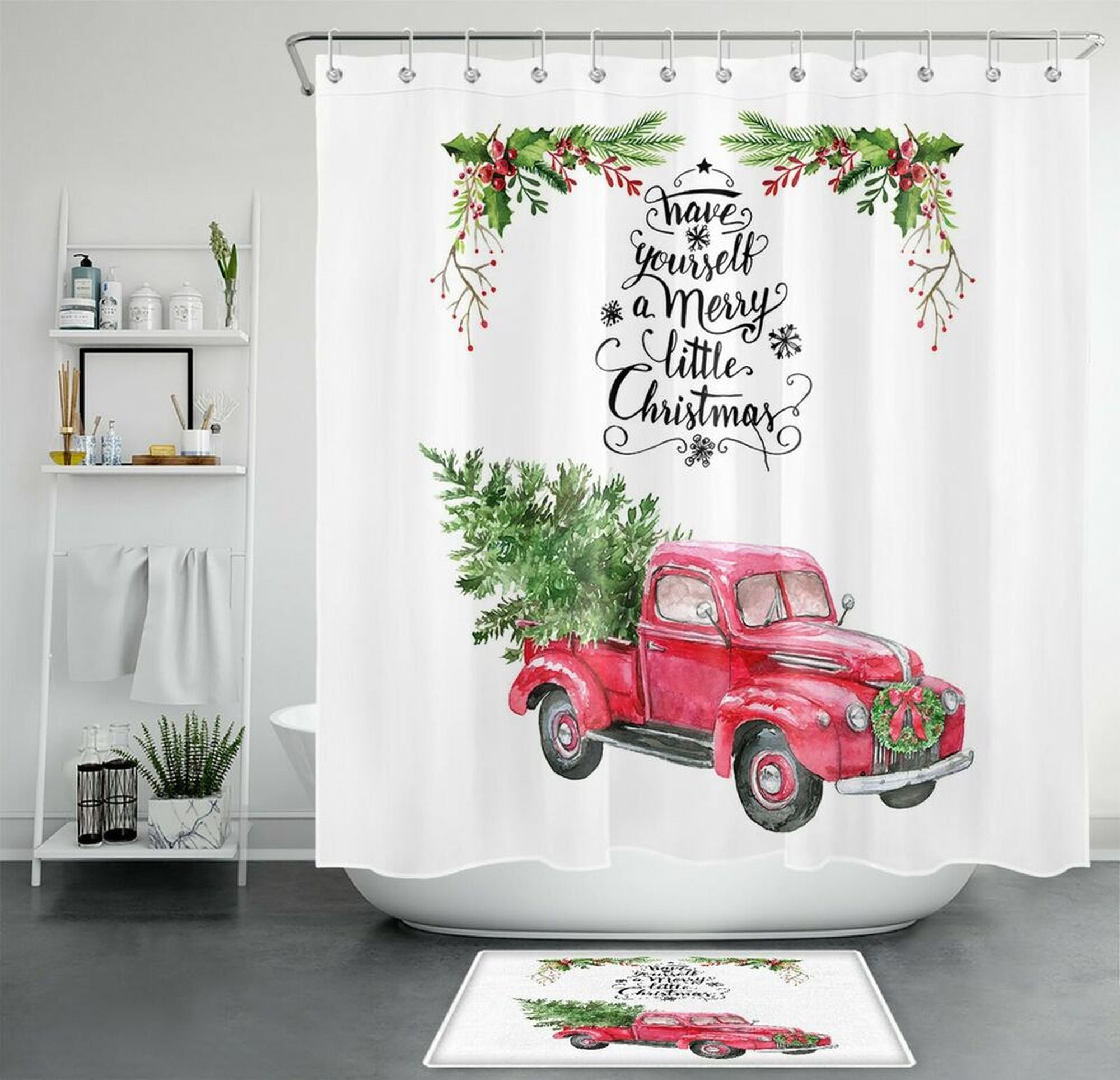 Rustic Vintage Christmas Truck Shower Curtain Set with Festive Bathroom