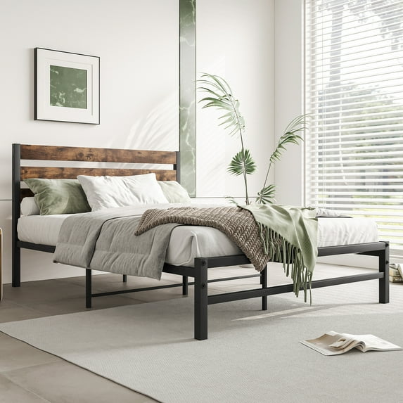 Rustic Vintage Full Bed, Metal Slats Support, No Box Spring, Waterproof , Extra Under Space Style Bed Frame, Heavy Duty Antique Wood Headboard, Mattress Foundation, Quiet Build, Storage