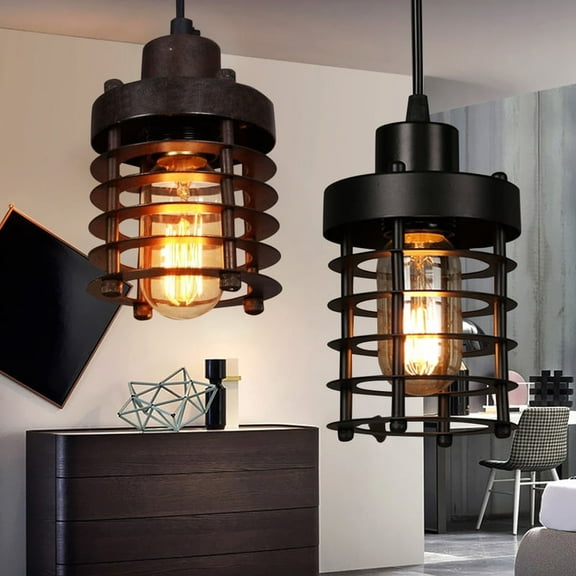 Rustic Vintage Industrial Iron Cage Lampshade Pendant Light Hanging Ceiling Lamp Adjustable Chain for Bedroom, Dining Room